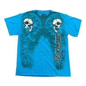 Vintage Y2K Sinister Affliction Style MMA Mens Large Blue Skull Graphic T Shirt